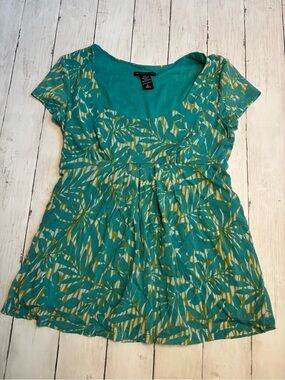 New York & Company Teal & Yellow Leaf-Print Scoop Neck Tunic